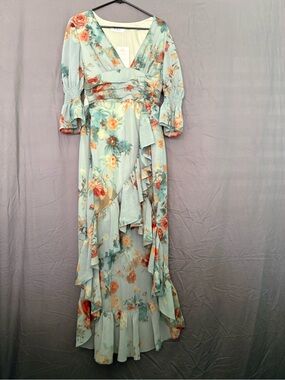 Mint Floral High-Low Wrap Dress with Ruffle Trim